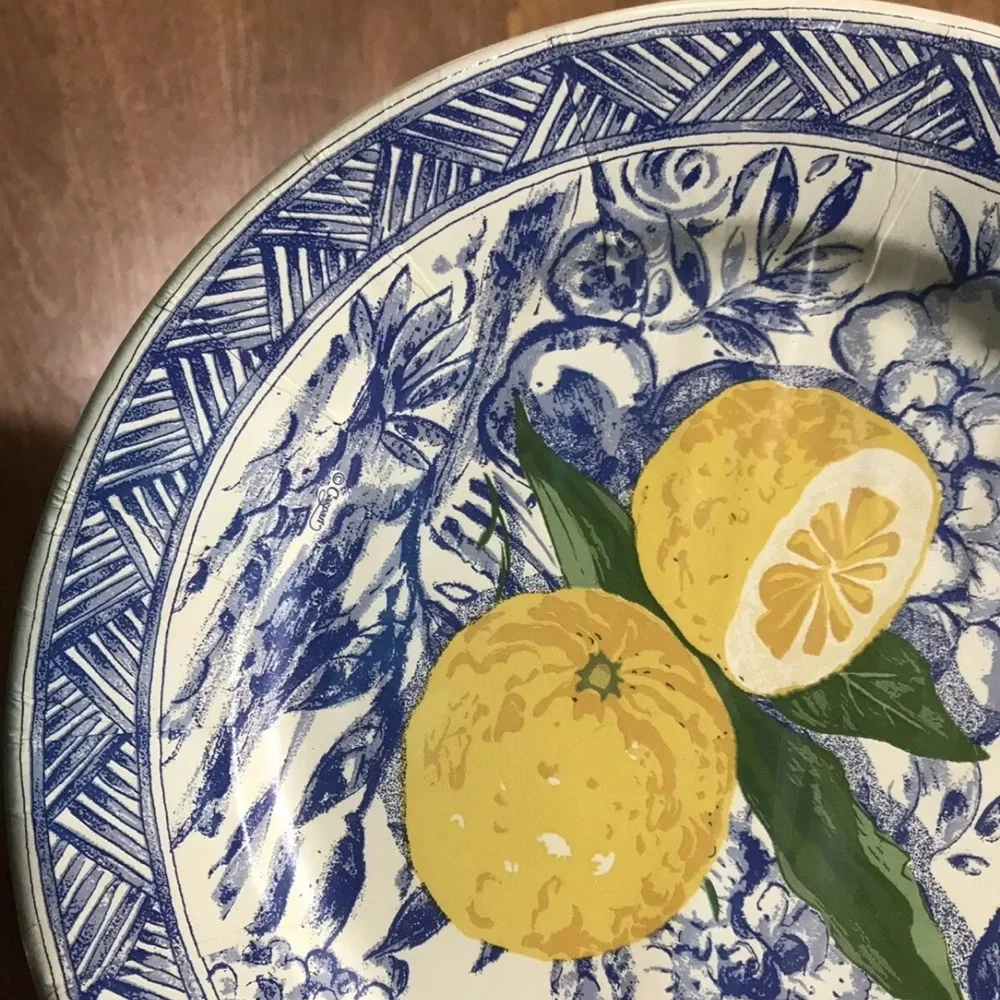 Isabelle De Borchgrave Caspari Salad Dessert Paper Plates Citron Lemon Blue Lot